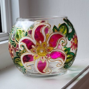 Hand Painted Floral Glass Tealight Candle Holder