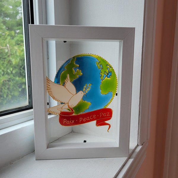 Dove of Peace with globe: handpainted glass with natural wood frame