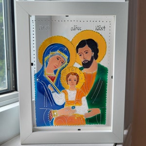 Holy Family Icon with a white frame/ Icon of the Holy Family stained glass:handpainted glass with frame