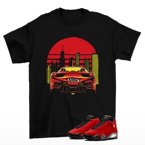 Retro Sunset Sneaker Shirt Black to Match Jordan 14 Challenge Red