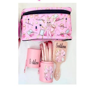 Personalised Makeup Brush Set, vanity case & hairbrush Bridesmaid Birthday Gift Christmas p Louise inspired