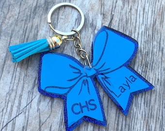 Personalized cheer tag, cheer keychain, bag tag, cheerleader, cheer bow, custom backpack tag, custom sports bag tag, team gift, coach gift