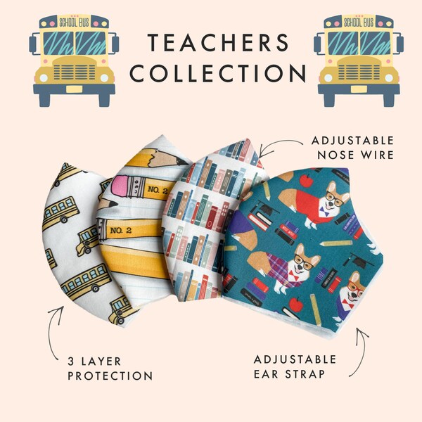 Teacher Collection | Face Mask with Nose Wire Filter | Protective 3 layers | Reusable and Washable | Teacher Gift | Virtual Learning Gifts