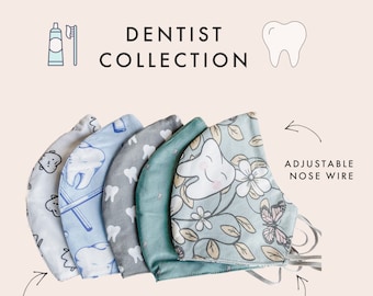 May include: Five fabric face masks from the Dentist Collection featuring various patterns including teeth, flowers, and butterflies. The masks include 3 layer protection, an adjustable nose wire, and adjustable ear straps for a secure fit.