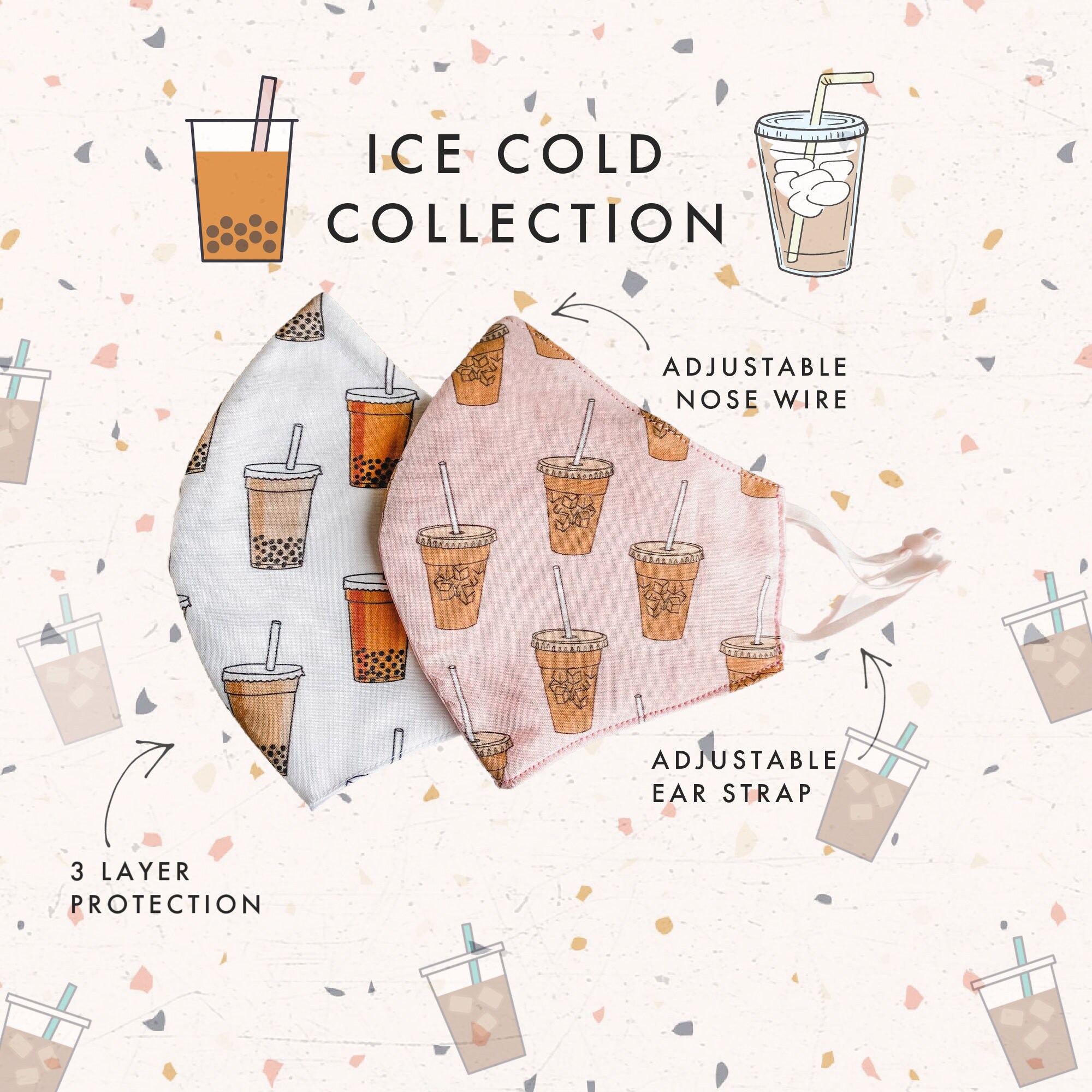 Ice Cold Collection | Boba and Iced Coffee | Face Mask with Nose Wire…
