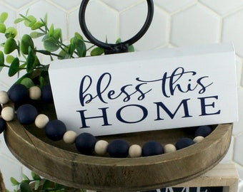 Handcrafted White Wood Home Decor Sign with Bless this Home in Navy Blue Vinyl Lettering