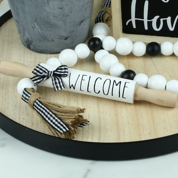 Handcrafted WELCOME Mini Wooden Rolling Pin Farmhouse Inspired Black & White Theme | Tiered Tray Rolling Pin | Kitchen Decor | Home Decor