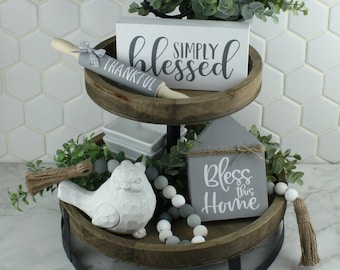 Handcrafted "Simply Blessed" Gray and White Home Decor Sign for Tiered Trays | Self Standing Farmhouse Inspired Wood Sign