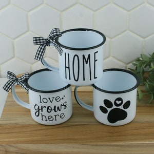 Farmhouse Inspired Black and White Miniature 2 1/4&quot; Enamelware Cup for Tiered Tray Home Decor ASSORTED DESIGNS