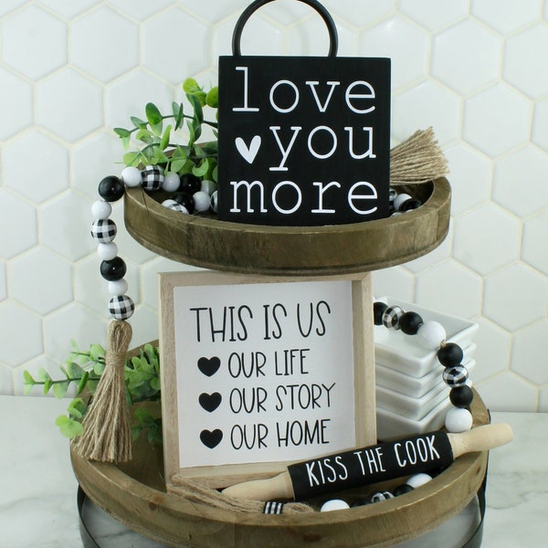 Handcrafted Black & White Tiered Tray Accessories Farmhouse Inspired Home Decor Accents