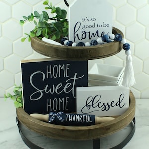 Handcrafted White & Dark Blue Tiered Tray Accessories Farmhouse Inspired Home Decor Accents