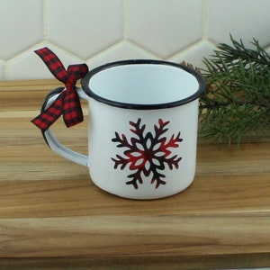 Red & Black Buffalo Plaid Snowflake Mini Coffee Cup/Mug Farmhouse Inspired Black and White Enamelware Cup for Tiered Tray Home Decor