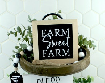 Handcrafted Black and White "FARM Sweet FARM" Wood Sign for Tiered Trays or Shelves | Tiered Tray Home Decor | Self Standing Wood Sign