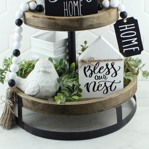 Handcrafted Bless our Nest Black and White House Shaped Wood Sign for Tiered Trays Self Standing Farmhouse Inspired Wood Sign image 3