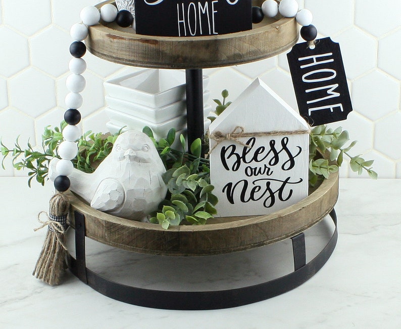 Handcrafted Bless our Nest Black and White House Shaped Wood Sign for Tiered Trays Self Standing Farmhouse Inspired Wood Sign image 3