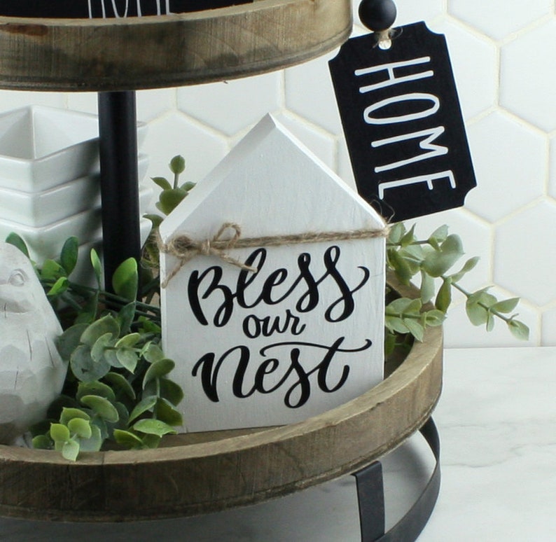 Handcrafted Bless our Nest Black and White House Shaped Wood Sign for Tiered Trays Self Standing Farmhouse Inspired Wood Sign image 1
