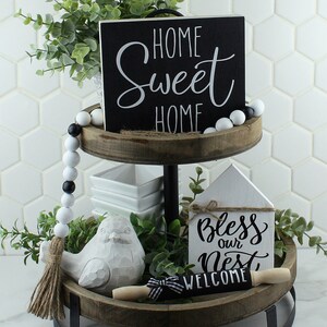 Handcrafted Bless our Nest Black and White House Shaped Wood Sign for Tiered Trays Self Standing Farmhouse Inspired Wood Sign image 4