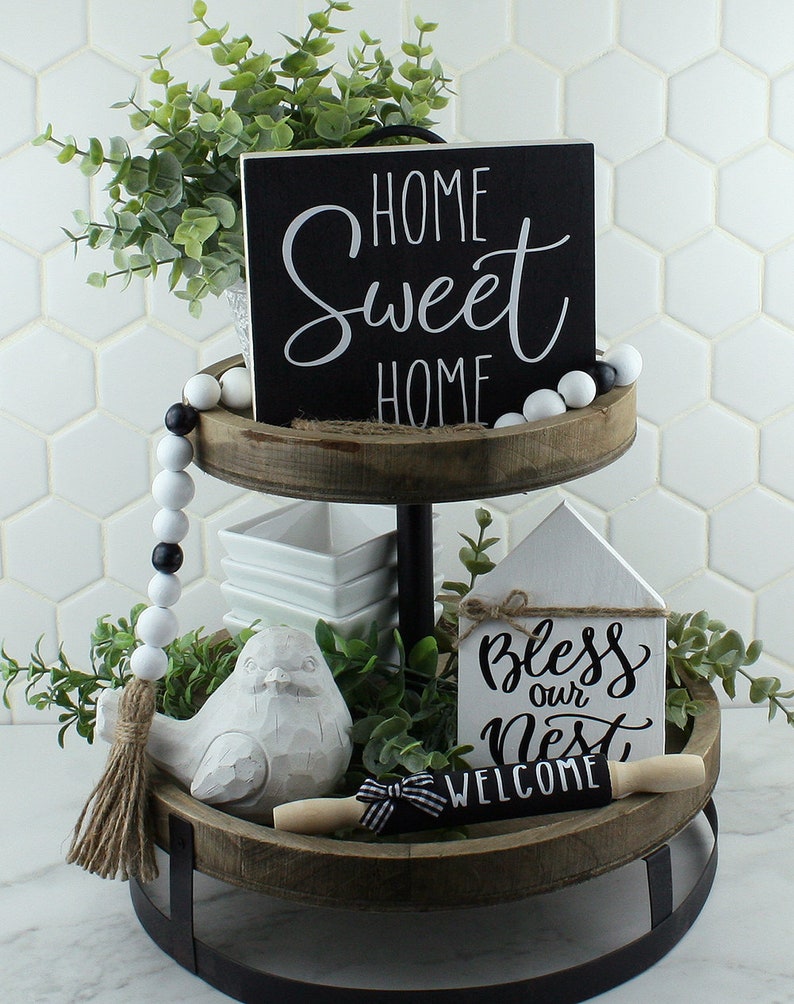 Handcrafted Bless our Nest Black and White House Shaped Wood Sign for Tiered Trays Self Standing Farmhouse Inspired Wood Sign image 4