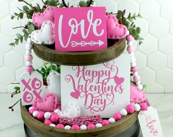 ASSORTED Pink & White Valentine's Day Themed Tiered Tray Accessories Handcrafted Wood Signs and Beaded Garlands