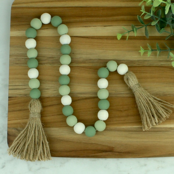 Handcrafted Wood Bead Garland in Shades of Green | Home Decor Bead Garland | Tiered Tray Bead Garland | Pedestal Tray Home Decor