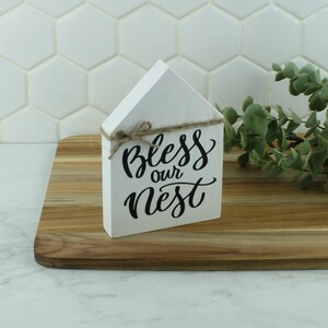 Handcrafted Bless our Nest Black and White House Shaped Wood Sign for Tiered Trays Self Standing Farmhouse Inspired Wood Sign image 2