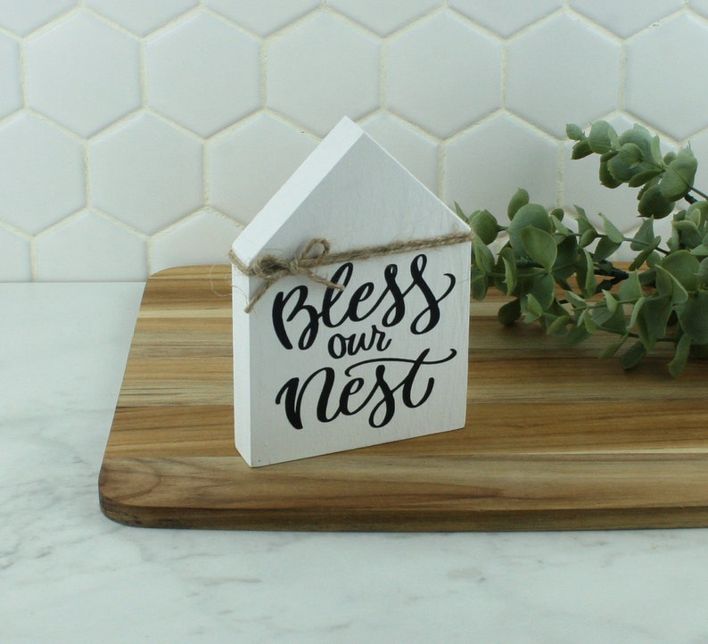 Handcrafted Bless our Nest Black and White House Shaped Wood Sign for Tiered Trays Self Standing Farmhouse Inspired Wood Sign image 2