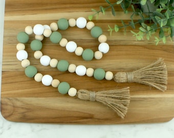 Handcrafted Sage Green Wooden Bead Garland with Jute Tassels