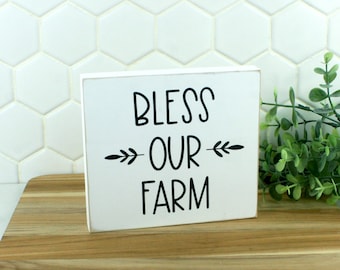 Handcrafted Black and White Bless Our Farm Wood Sign for Tiered Trays or Shelves | Tiered Tray Home Decor | Self Standing Wood Sign