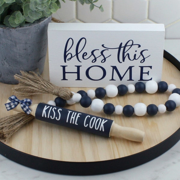 Handcrafted Navy Blue & White Tiered Tray Decor Bundle with Bless this Home Wood Sign, Kiss the Cook Mini Rolling Pin and a Beaded Garland