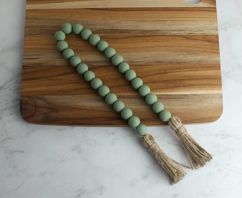Handcrafted Sage Green Painted Wooden Bead Garland Bead Garland with Tassels Tiered Tray Bead Garland 21 inch inches