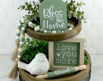 Handcrafted Sage Green & White Tiered Tray Accessories Farmhouse Inspired Home Decor Accents