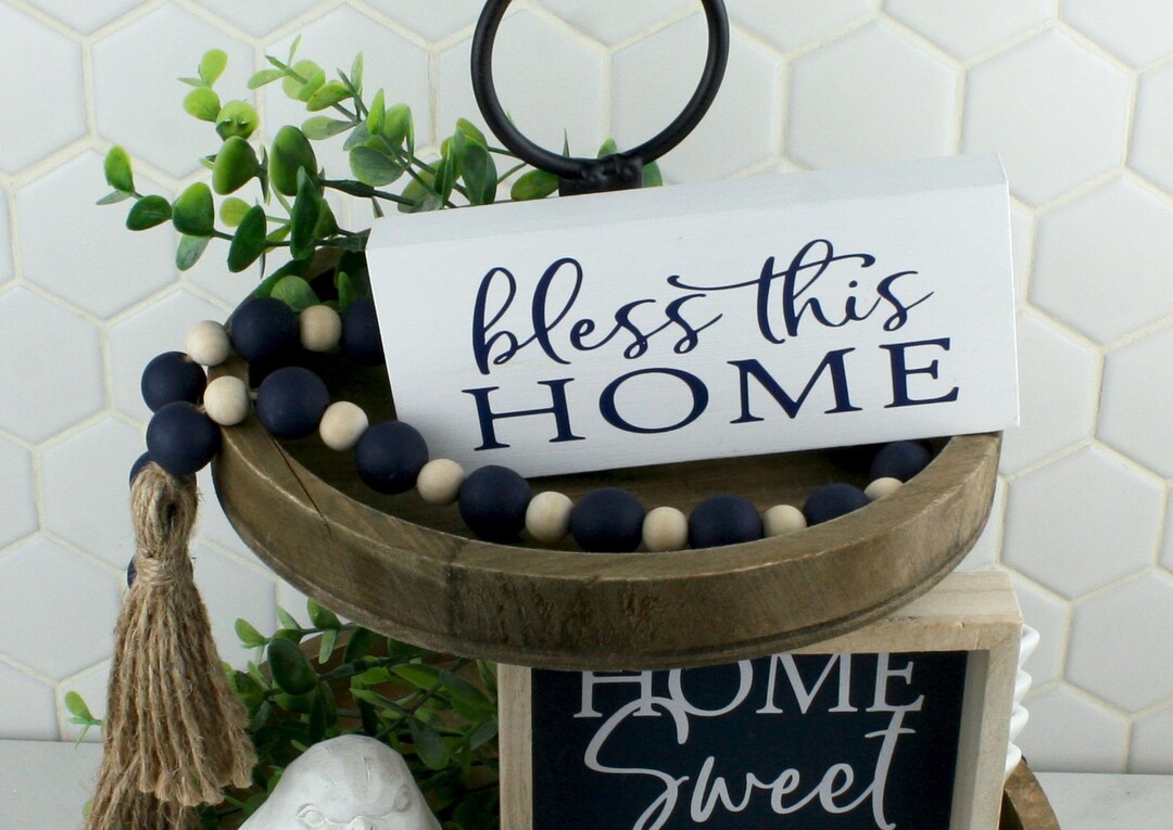 Handcrafted White Wood Home Decor Sign With Bless This Home in Navy ...