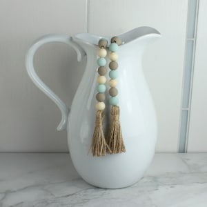 Sand & Sea Tan and Sea Glass Green Wood Bead Garland | Bead Garland for Beach House | Tiered Tray Bead Garland | Coastal Home Decor