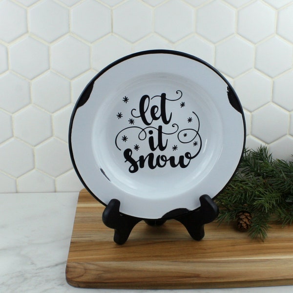 Black & White Enamelware Farmhouse Inspired "Let it Snow" 8" Round Decorative Plate for Seasonal Home Decor