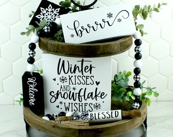 Set of 2 Winter Themed Self-Standing Black and White Home Decor Wood Signs Tiered Tray Signs