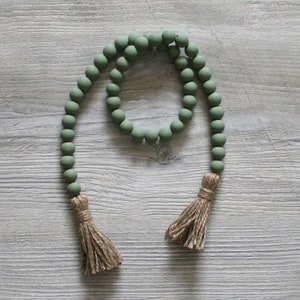 Handcrafted Sage Green Painted Wooden Bead Garland Bead Garland with Tassels Tiered Tray Bead Garland 33 inch inches