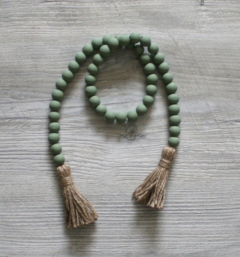 Handcrafted Sage Green Painted Wooden Bead Garland Bead Garland with Tassels Tiered Tray Bead Garland 33 inch inches