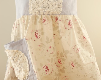 Up-Cycled Sleeveless Blue and White Cottage Core Top with Roses and Lace