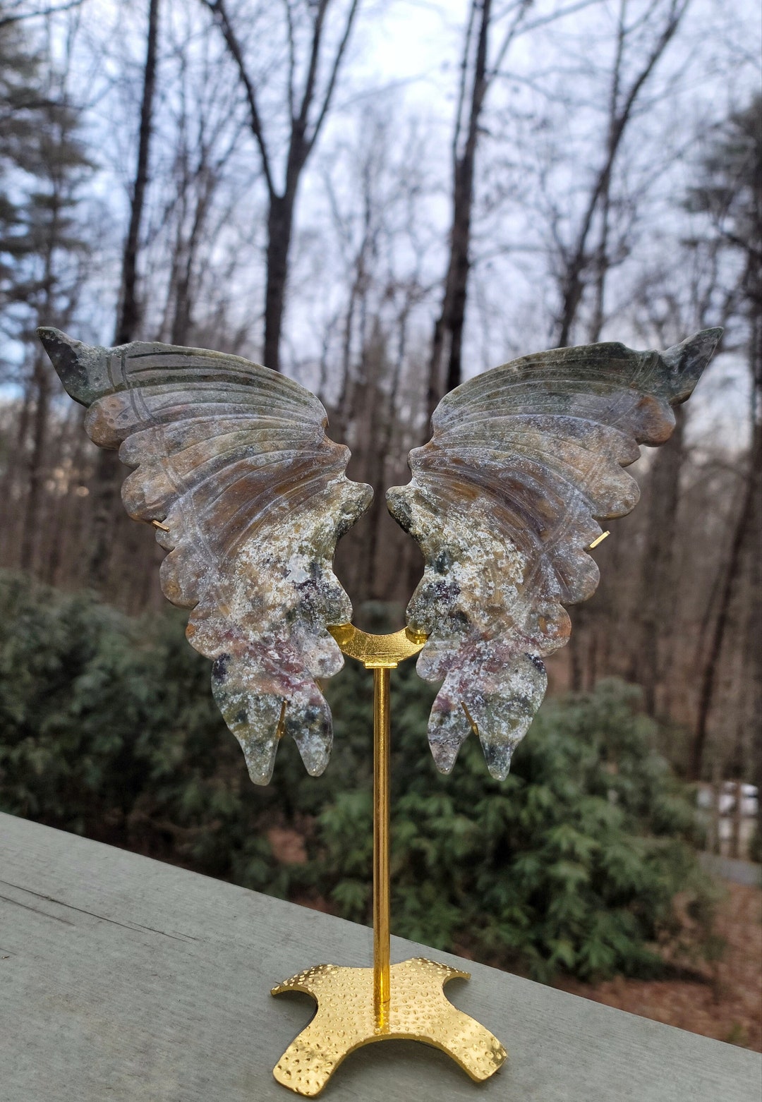 Ocean Jasper Wings on Metal Stand, Carved Butterfly Wings, Large