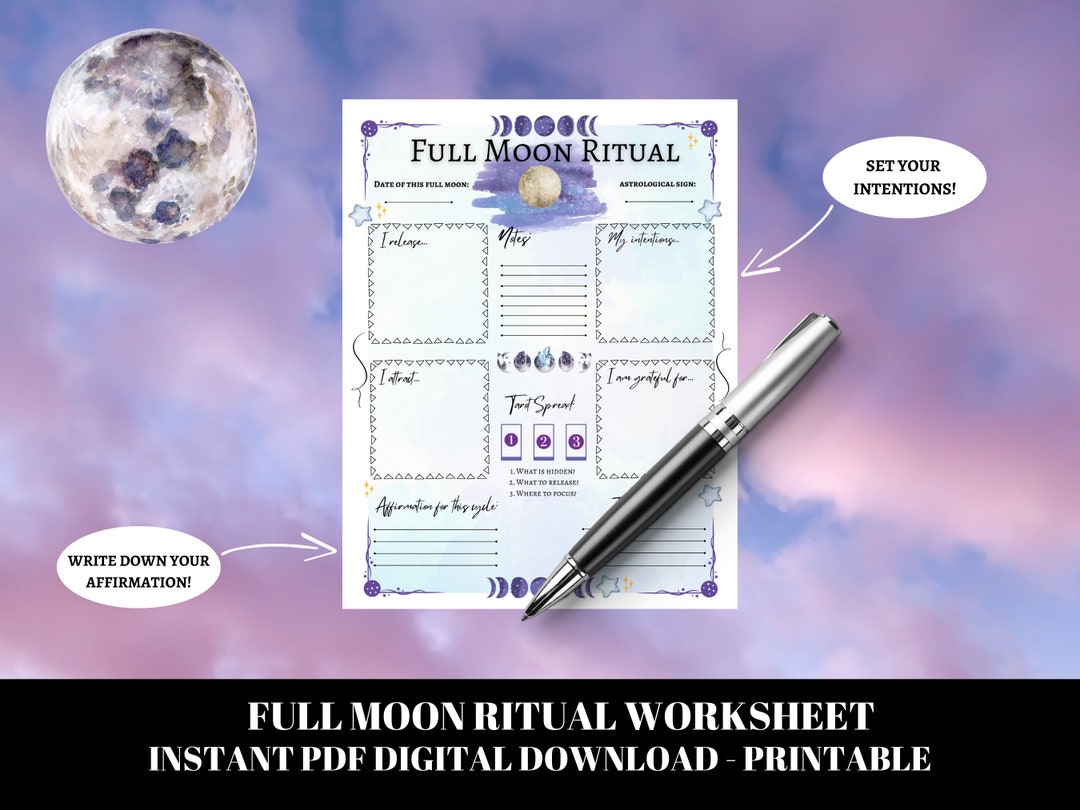 Full Moon Ritual Worksheet, Full Moon Intentions, Tarot Spread