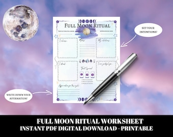 Full Moon Ritual Worksheet, Full Moon Intentions, Tarot Spread, Printable Worksheet for Full Moon