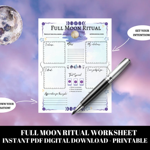 Full Moon Ritual Worksheet, Full Moon Intentions, Tarot Spread, Printable Worksheet for Full Moon