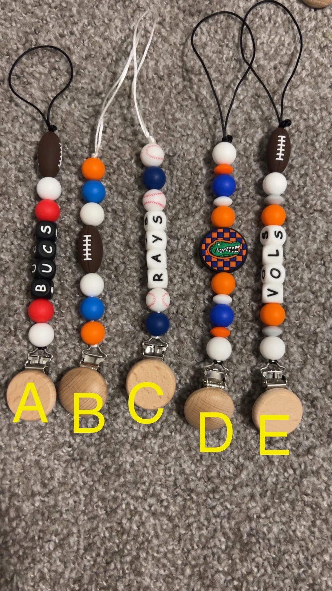Sports Pacifier Clips/ Football/ Baseball/ Buccs/ Gators/ Vols/ Rays ...