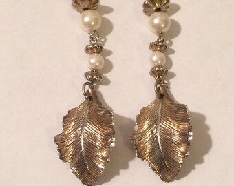Vintage Silver Tone Leaf Earrings ; Dangle Earrings