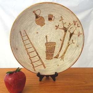 Fratelli Fanciullacci Large Plate, Mid-century Modern, Italy. Incised stylized trees & wine making / Perfect condition / sgrafitto / plaque