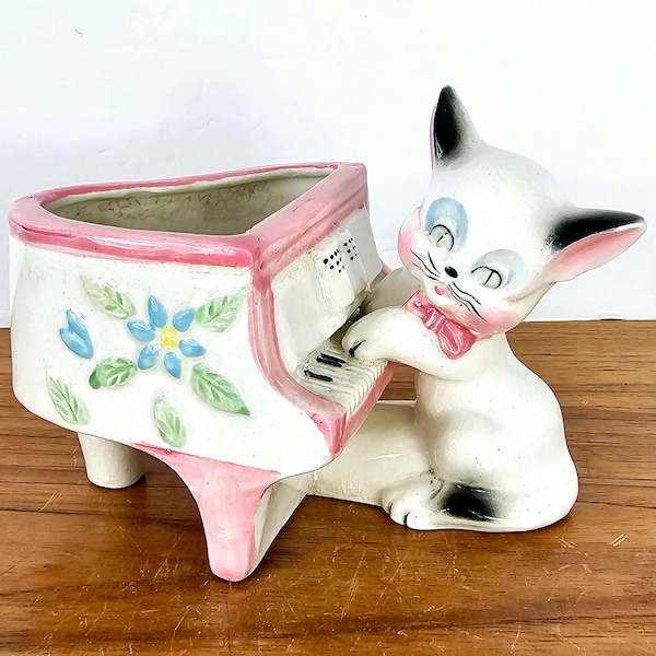 Japanese Ceramic Cat Playing Piano Planter Antique Pottery Kitsch Hand Painted Japan Kitty Little Miss Priss style  Bowtie Anthropomorphic