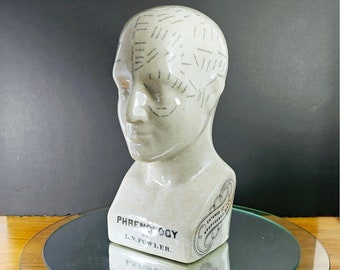 Vintage Phrenology Head by LN Fowler Glazed Ceramic Bust19th Century Divining Occult Mysterius Pseudo Science Study Crania London England