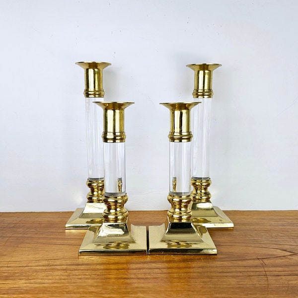 4 Vintage Lucite & Brass Candlesticks Candleholders Mid Century Modern Elegant Contemporary Hollywood Regency Chic  Home Decor Dining Table