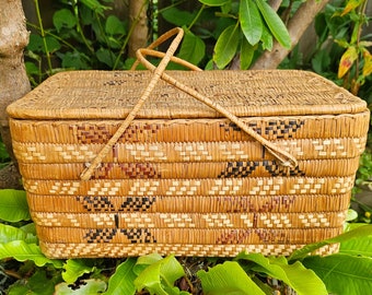 Coast Salish Lidded Storage Basket Rectangular Carrying Handles Geometric Butterfy Design Buckskin Cedar Root Cherry Bark Hand Woven C1910s