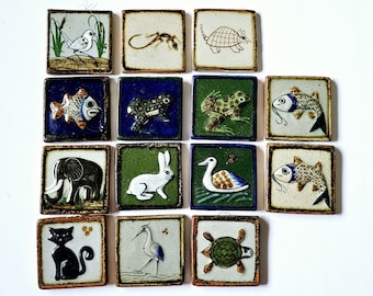 Mexican Tonala Ceramic Animal Tiles 2.5" Stoneware Art Wall Pottery Tile Mexico 3-D Fish Frog Cat Rabbit Bird Elephant Sold Separately